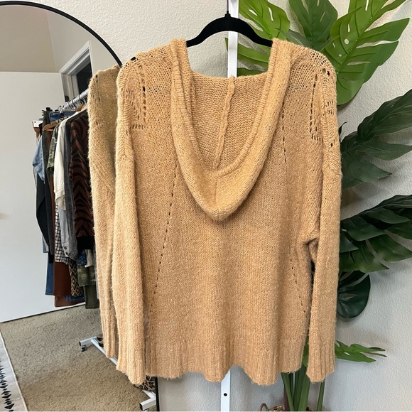 🤎 American Eagle Hooded V-Neck Sweater | Open Knit Slouchy Tan Sz M - Picture 5 of 5